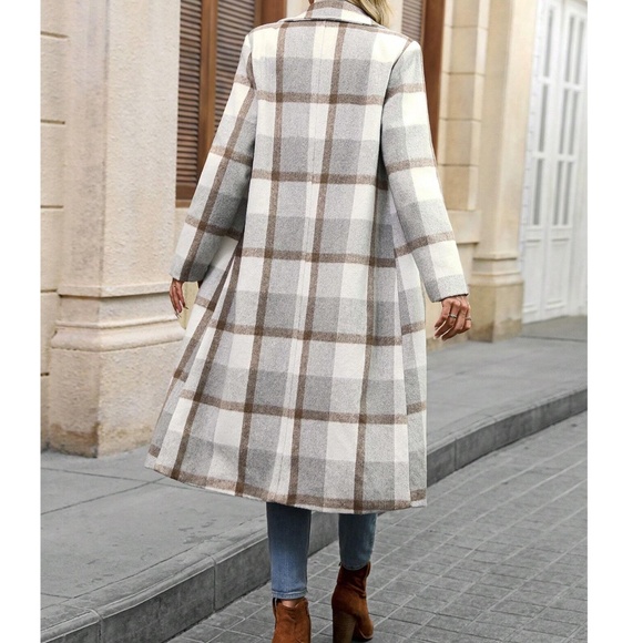 Classic Plaid Print Button Pockets Long Jacket Coat - Picture 4 of 12